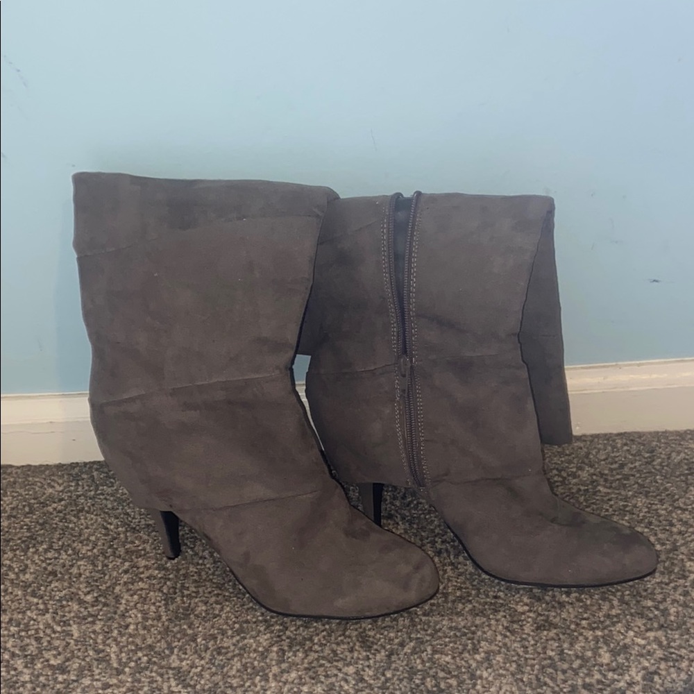 Fergalicious Gray Heeled Boots with Suede Finish